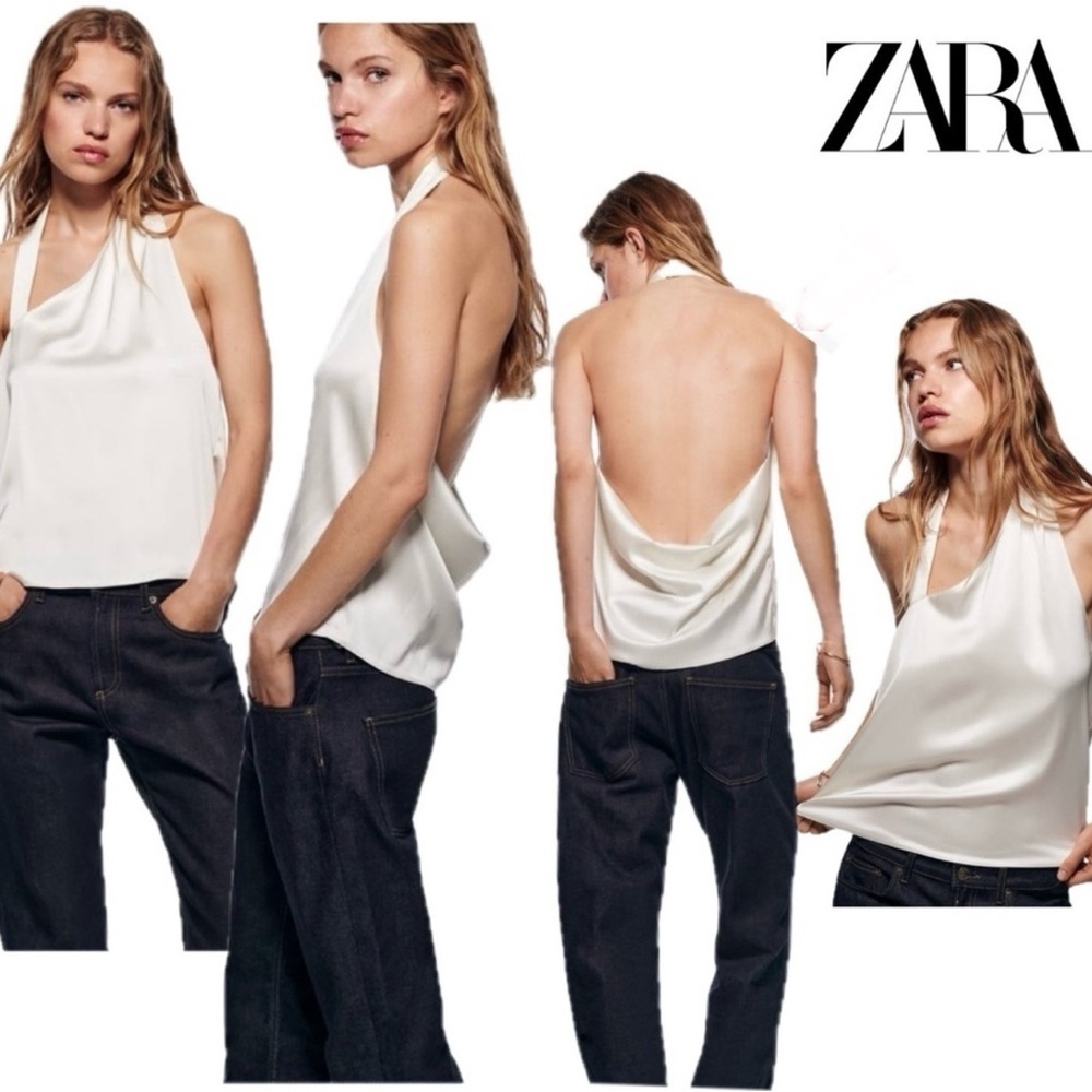 Zara Ivory White Satin Effect asymmetrical draped neckline open back halter top
